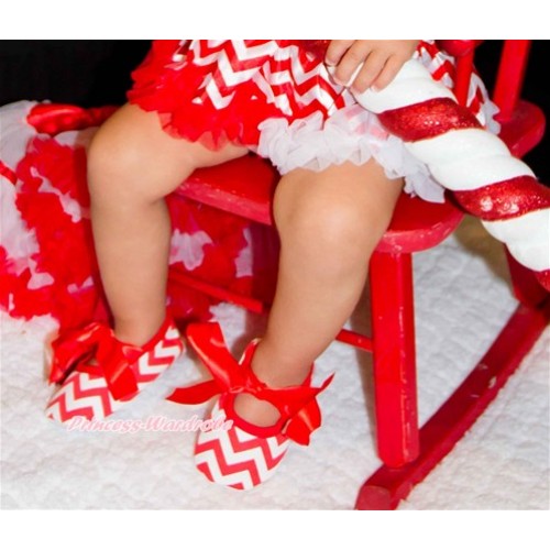 Xmas Red White Wave Crib Shoes With Red Ribbon S588 